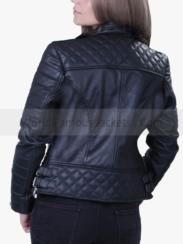 Women’s Quilted Padded Black Leather Biker Jacket