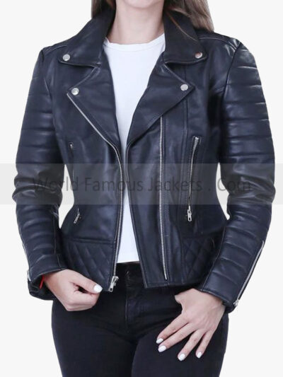 Women’s Quilted Padded Black Leather Jacket